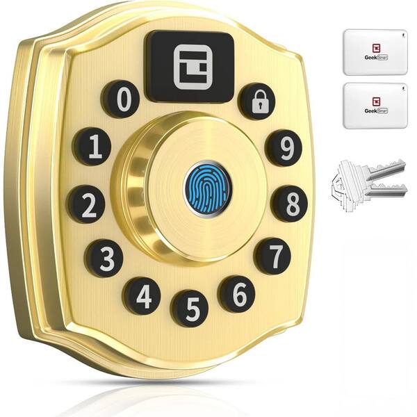5-in-1 Aluminum Smart Lock Deadbolt with Biometric, Anti-Peep Keypad, App & IC Card Access in Gold, IP65
