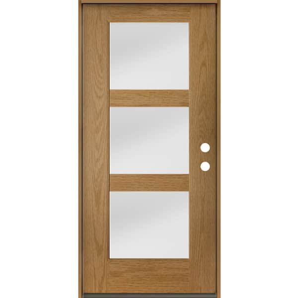 Krosswood Doors BRIGHTON Modern 36 in. x 80 in. 3-Lite Left-Hand/Inswing Satin Etched Glass Bourbon Stain Fiberglass Prehung Front Door