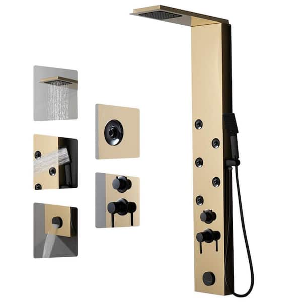 5-Jet Rainfall Shower Panel System with Rainfall Waterfall Shower Head and Shower Wand in Black Gold
