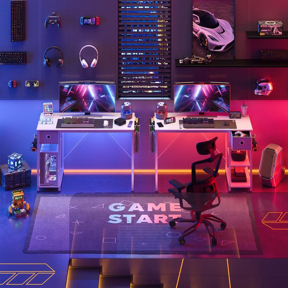 White Particle Board Computer Desk with Drawer and LED Light