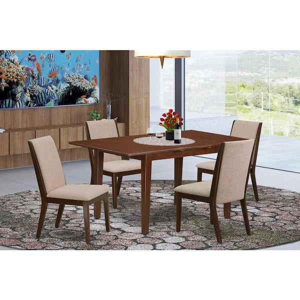 East West Furniture 5-Piece Mahogany Finish Solid Wood Top - Upholstered Dining Room Set with Butterfly Leaf - Seats 4