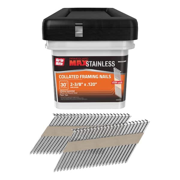 Grip-Rite 2-3/8 in. x 0.120 in. 30° Paper Collated 304 Stainless Steel Ring Shank Offset Round Checkered Head Nails 1000 per Box