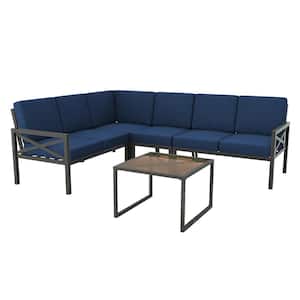 Blakely Black 5-Piece Aluminum Outdoor Sectional Set with Navy Cushions