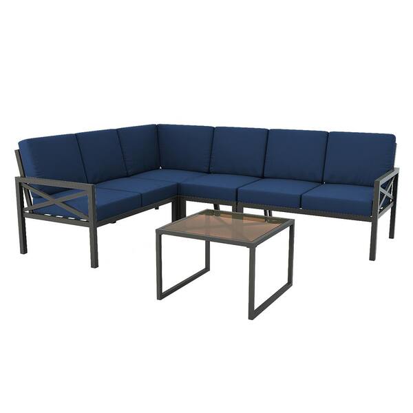 Leisure Made Blakely Black 5-Piece Aluminum Outdoor Sectional Set with Navy Cushions