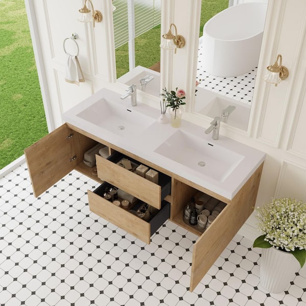 59.06 in. W x 19.69 in. D x 22.44 in. H Wall Hung Bath Vanity in Natural Oak with Resin Double Basin Vanity Top in White
