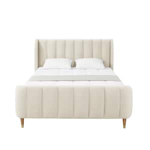Eleazer Beige King Size Platform Bed Upholstered Velvet