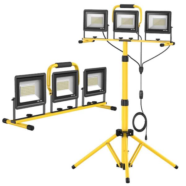 110 Volt. Yellow 21000 Lumens Adjustable 3-Head LED Work Light with Foldable Tripod Stand for Jobsite & Garage