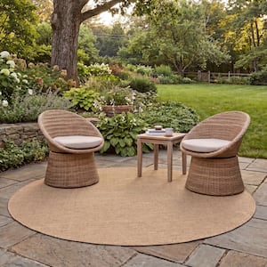 Courtyard Natural/Cream 8 ft. x 8 ft. Solid Distressed Indoor/Outdoor Patio  Round Area Rug