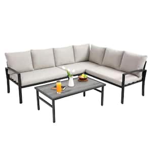 4-Piece Wicker Patio Furniture Set, Outdoor Conversation Set Sectional Sofa with Cushions and Coffee Table Beige