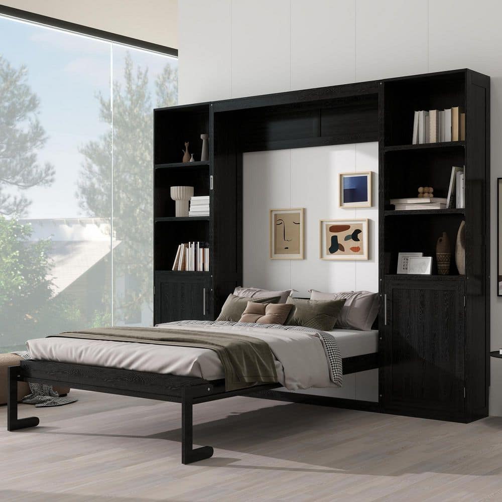 Black Wood Frame Queen Size Murphy Bed with Storage Shelves and Cabinets price history on PriceWatchPro