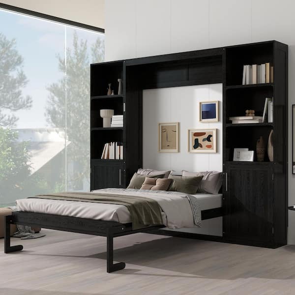 Black Wood Frame Queen Size Murphy Bed with Storage Shelves and Cabinets