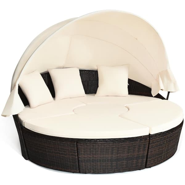 Costway outdoor patio sofa furniture round retractable canopy daybed black best sale wicker rattan