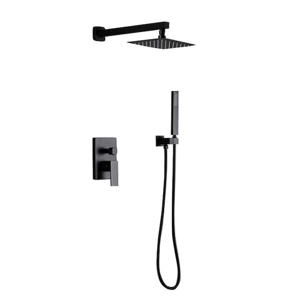 Tahanbath 2-Spray Wall Bar Shower Kit with Trim Kit Pressure Balance with Hand Shower in Matte Black