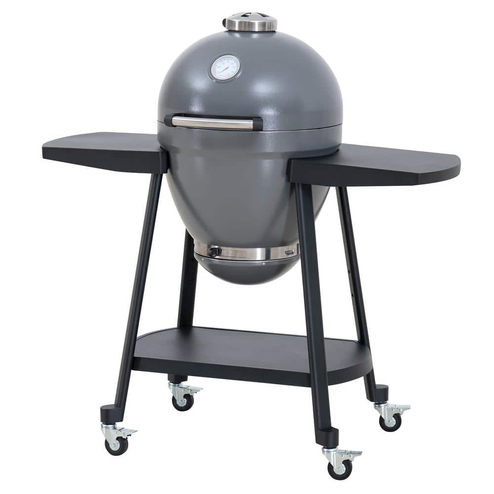 Portable 20 in. Outdoor Charcoal Egg Grill Grey Kamado Grill with Pizza Plate Ultimate BBQ Grill and Smoker with Wheels