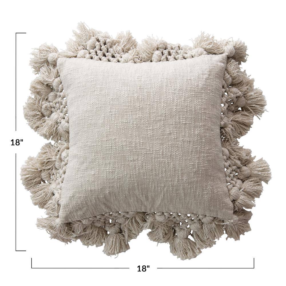 Modern Space-Themed Crochet & Tassel 18" Square Cotton Pillow - Cream