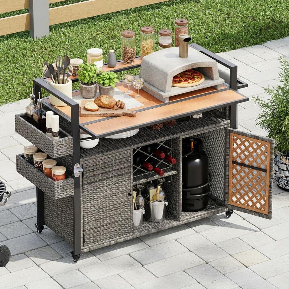 Runesay Retro Gray Wicker Outdoor Kitchen Island Grill