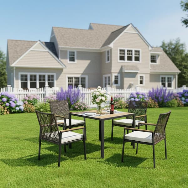 Traditional 5-Piece Acacia Wood Outdoor Dining Set with PE Rattan Chairs & Water-Resistant Cushion