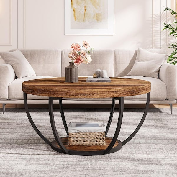 Allan 31.7 in. Rustic Brown Round Wood Coffee Table with Storage Shelf, Industrial Center Table for Living Room