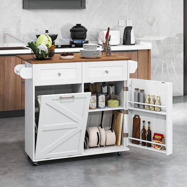 White MDF Kitchen Cart with Rubberwood Top and Trash Can Cabinet