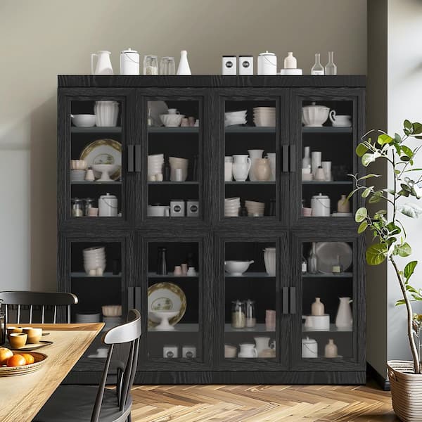 Black Wood 62 in. W x 62 in. H Classic Kitchen Pantry Cabinet with Glass Doors and Adjustable Shelves