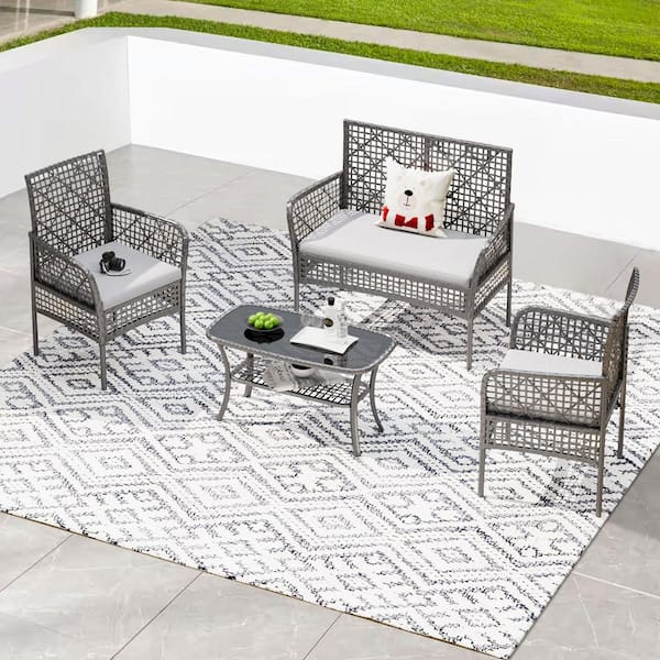 Unbranded 4-Piece Wicker Patio Conversation Set Outdoor Sectional Set Patio Seating Set with Gray Cushions