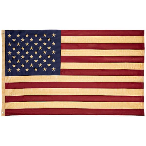 3 ft. x 5 ft. Patriotic Tea-Stained Embroidered American Flag with Grommets