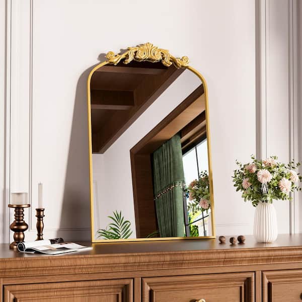 Antique Copper 20 in W x 32 in. H Vintage Arched Aluminum Framed Mirror with Carved Pattern Top for Hanging or Leaning