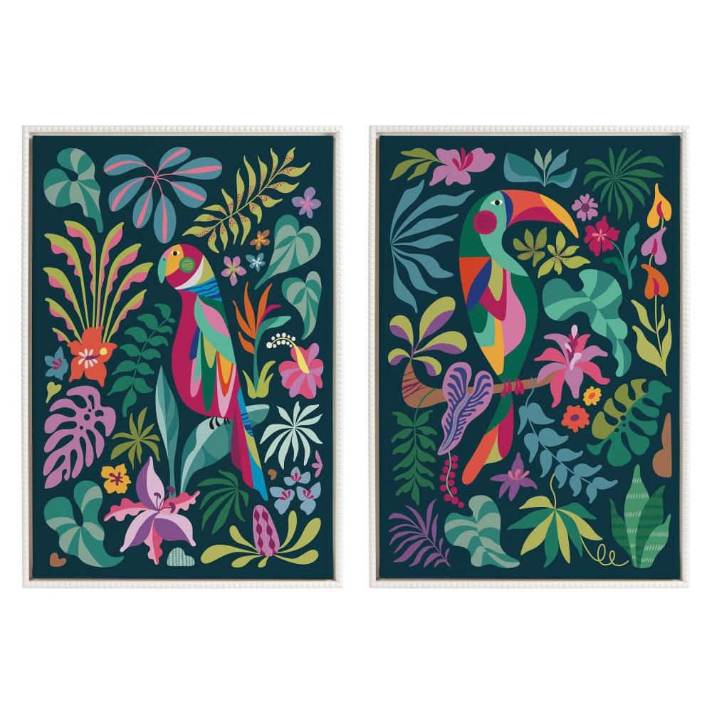 Tropical Parrot and Toucan Multicolor Canvas Art Set with Beaded White Frame