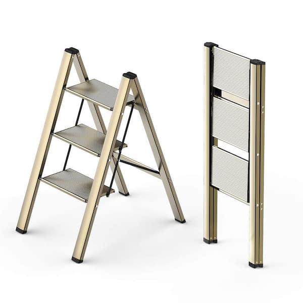 Reach 32.3 in. 300 lb. Aluminum Gold 3-Step Ladder, Portable Folding Ladder with Anti-Slip Wide Pedal for Kitchen Office