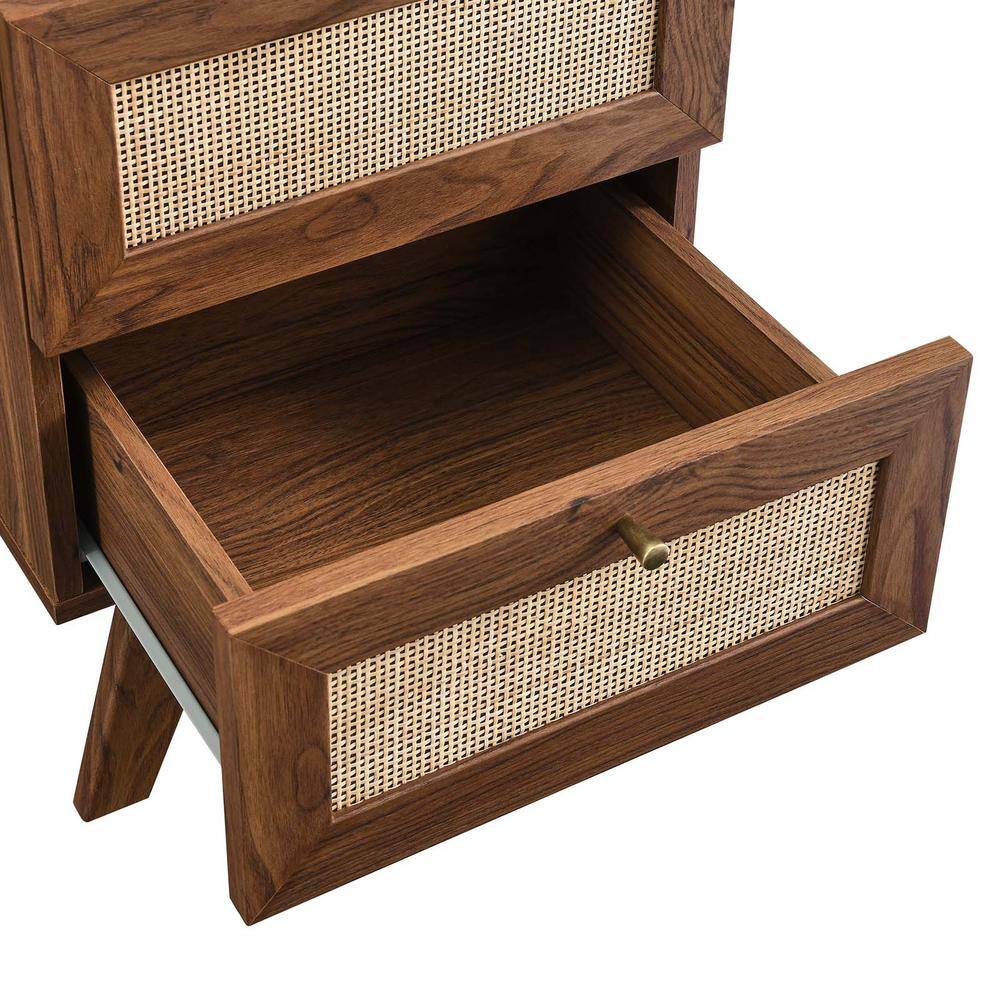 Walnut and Rattan 2-Drawer Nightstand with Splayed Legs