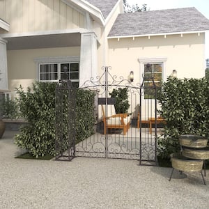 64 in. x 60 in. L Traditional Brown Cantilever Metal Garden Gate with Latch and Ornate Scrollwork