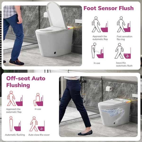 Relyblo Foot Sensor Smart Elongated Bidet Toilet in Glossy White with Adjustable Sprayer