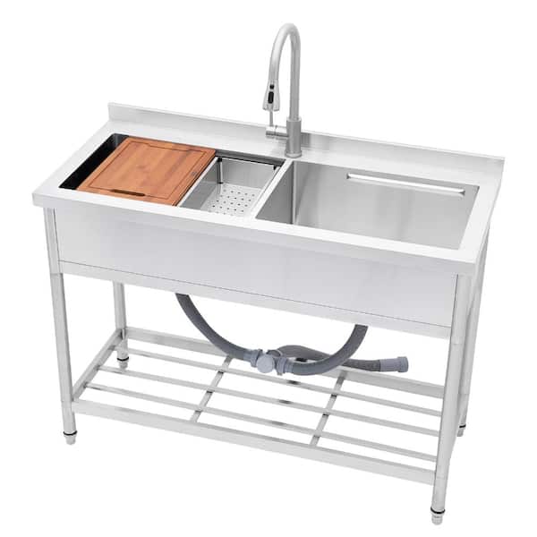 47 in. Freestanding Stainless Steel 2-Compartment Commercial Utility Kitchen Sink with Pull-Out Faucet