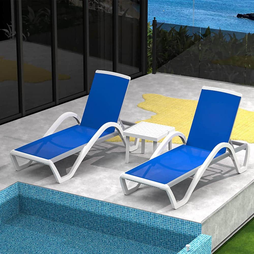 Blue Aluminum Adjustable Outdoor Chaise Lounge Set with Table