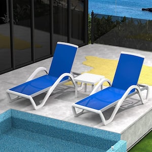 Outdoor Chaise Lounge with Table Set with Blue Textilene Fabric Aluminum Frame Set of 3