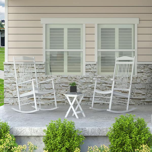VEIKOUS Wood Outdoor Bistro Set 3-Piece with 2-Rocking Chairs and 1-Foldable Coffee Table, White
