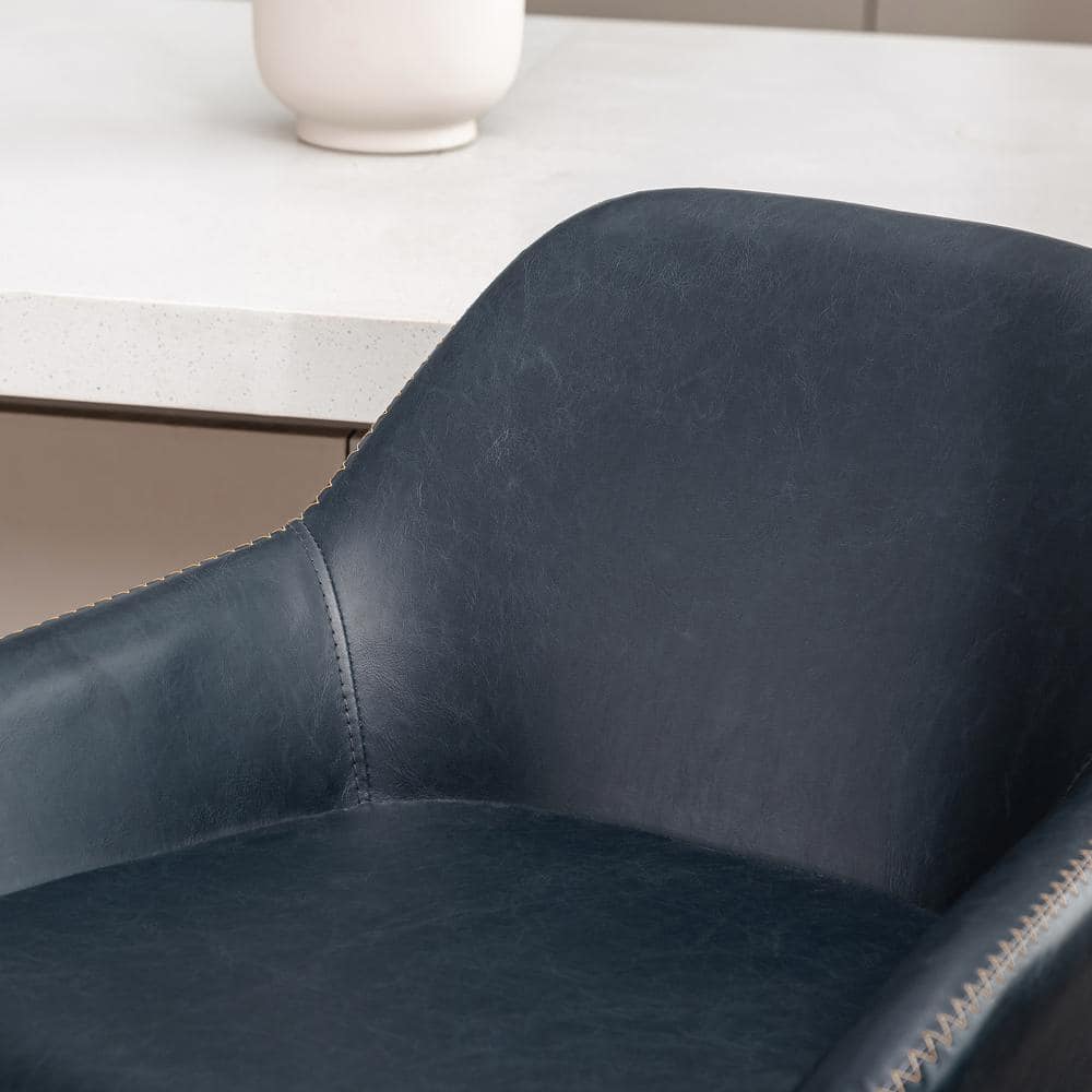 Navy Blue Faux Leather Adjustable Swivel Bar Stool Set