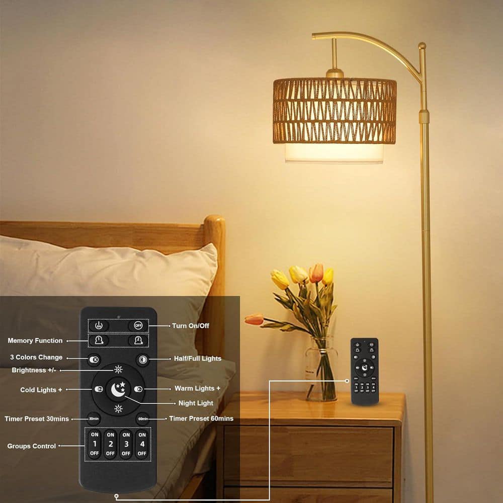 65 in. Gold 1-Light Smart Dimmable Arc Floor Lamp for Living Room with LED Bulb and Brown Rattan and Fabric Shades price history on PriceWatchPro