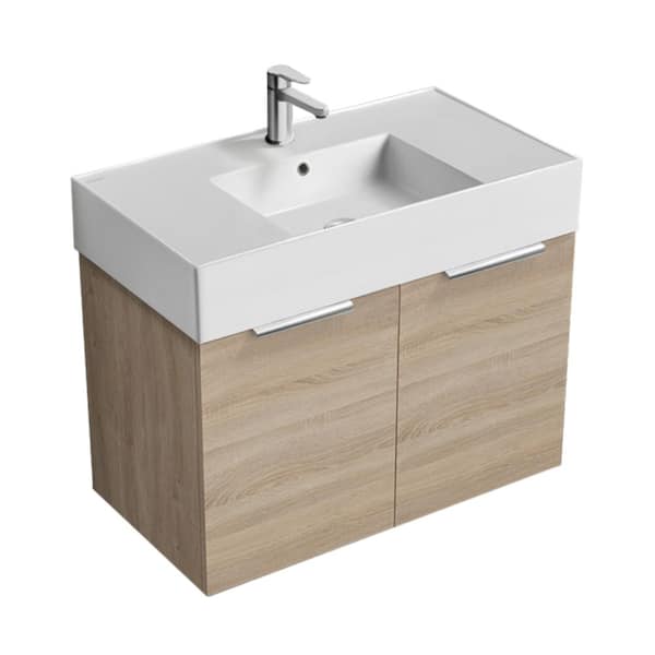 Derin 31.9 in. W x 17.3 in. D x 25.2 in. H Modern Bathroom Vanity in Brown Oak With White Ceramic Top