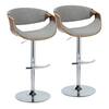 Lumisource Curvo 33.5 in. Light Grey Fabric, Walnut Wood and Chrome Metal Adjustable Bar Stool with Rounded T Footrest (Set of 2) BS-CURVO-RT2 CHRWLLGY2