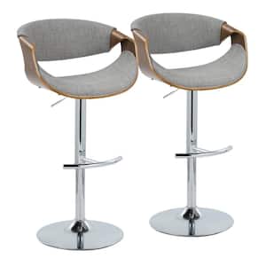 Curvo 33.5 in. Light Grey Fabric, Walnut Wood and Chrome Metal Adjustable Bar Stool with Rounded T Footrest (Set of 2)