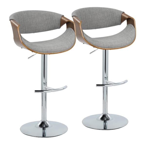 Lumisource Curvo 33.5 in. Light Grey Fabric, Walnut Wood and Chrome Metal Adjustable Bar Stool with Rounded T Footrest (Set of 2)