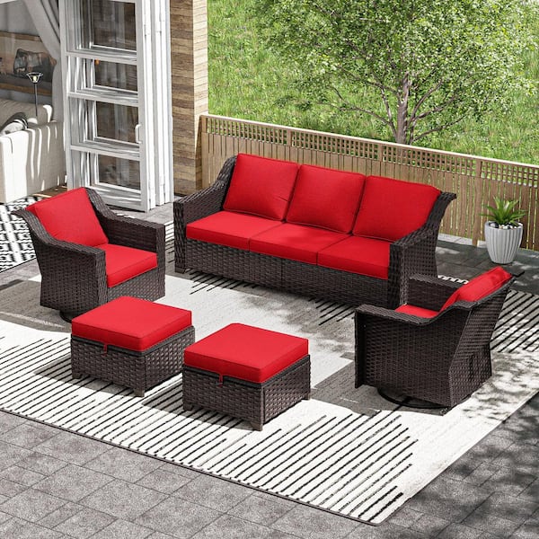 Gardenbee 5-Piece Wicker Outdoor Patio Conversation Sectional Set With Red Cushions