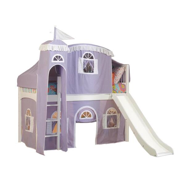 Bolton Furniture Windsor White Twin Low Loft with Lilac and White Tower, Top Tent, Bottom Curtain and Slide