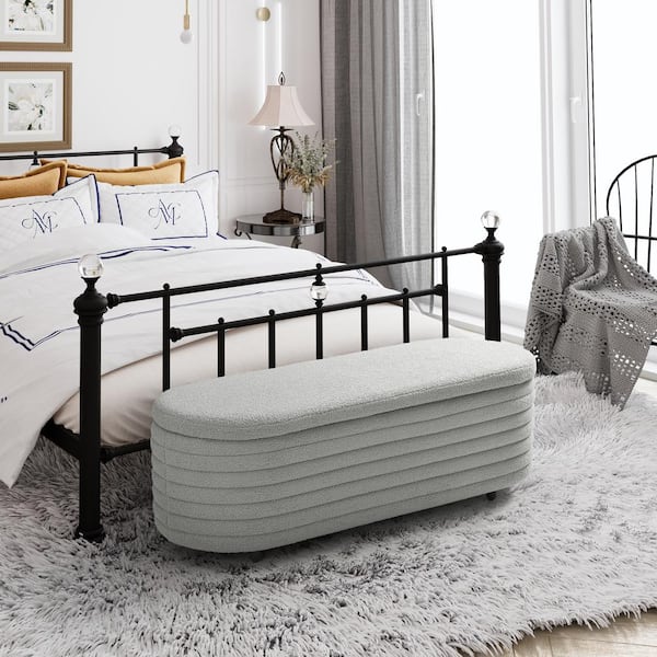 WESTINFURNITURE Bayville 54 in. Wide Oval Sherpa Upholstered Entryway Flip Top Storage Bedroom Accent Bench in Light Gray