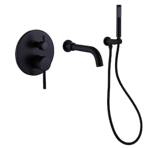 2-Handle Wall-Mount Roman Tub Faucet with Hand Shower 3-Hole Brass Bathtub Fillers in Matte Black