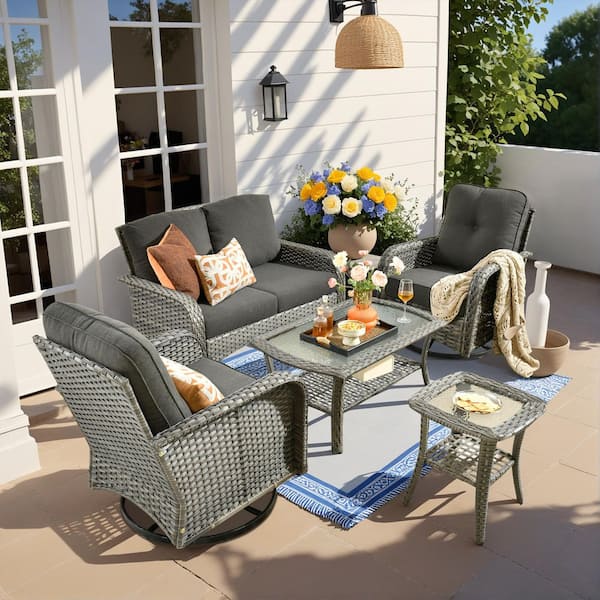 Gray 5-Piece Swivel Wicker Outdoor Lounge Chair Sofa Set with Beige Cushions and 2 Table for Patio, Garden (2-Pack)