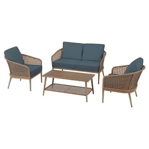 Coral Vista 4-Piece Brown Wicker and Steel Patio Conversation Seating Set with Sunbrella Denim Blue Cushions