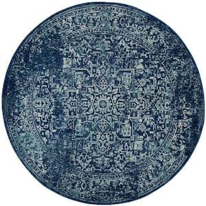 Evoke Navy/Ivory 5 ft. x 5 ft. Round Border Medallion Distressed Area Rug