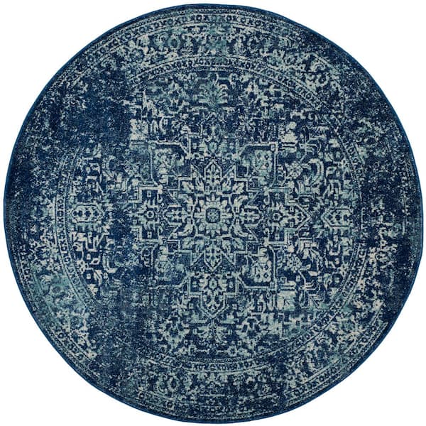 SAFAVIEH Evoke Navy/Ivory 9 ft. x 9 ft. Distressed Border Medallion Round Area Rug